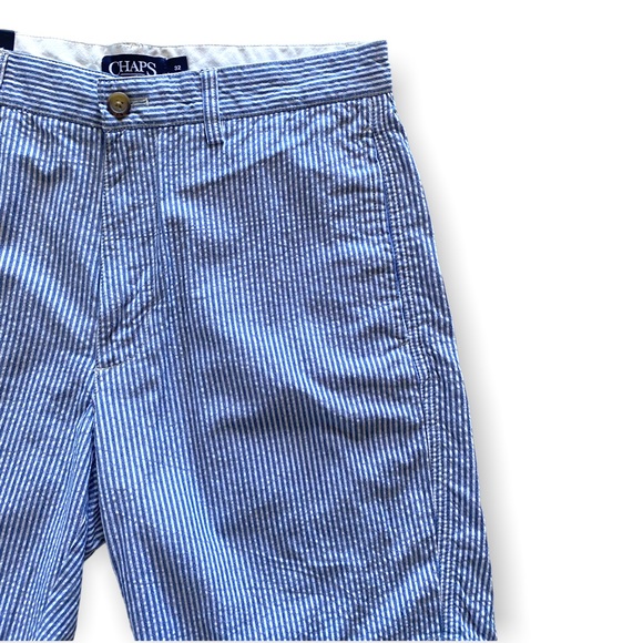 Chaps Seersucker High Waist Blue & White Pinstriped Long Flat Front Shorts - Picture 3 of 10